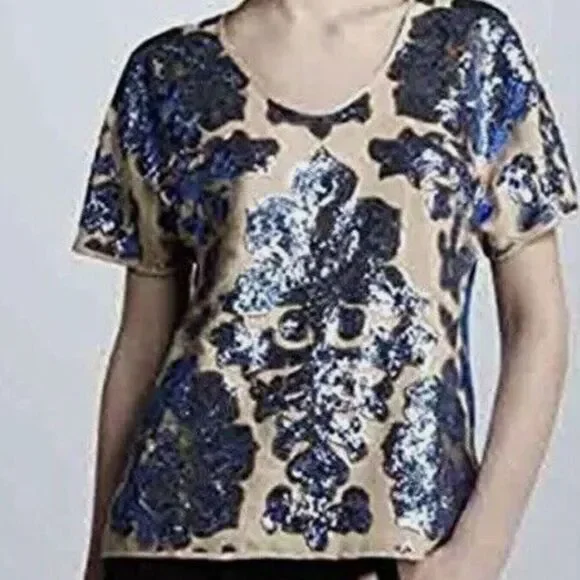 NWT Tracy Reese x Neiman Marcus Blue Sequin Short Sleeve Blouse Top S - Picture 5 of 12